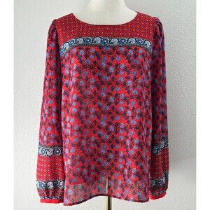 LOFT Floral Long‎ Sleeve Peasant Tunic Top L Red Blue Bohemian Flowy Maximalist